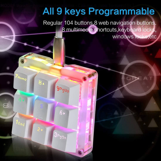 amazing9 square keycaps portable rgb one-handed numeric keyboard