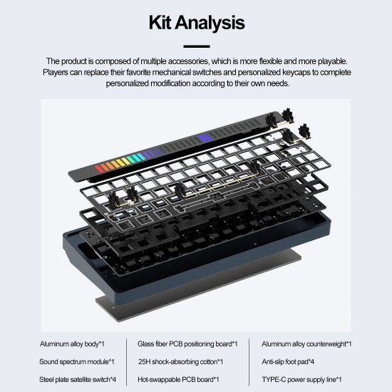 64-key rgb sonic spectrum cnc aluminum alloy titanium linear gray hot-swappable customized mechanical keyboard kit