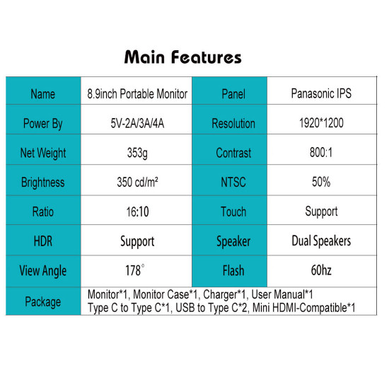 8.9 inch portable full hd computer monitor touch screen