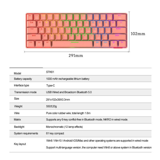 stk61 61 keys mechanical gaming keyboard - pink